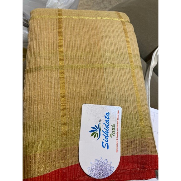 Women's Kota Doria Pure Cotton Saree With Unstiched Blouse NWT golden zari weave - Picture 8 of 12